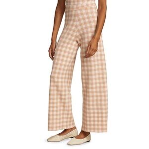 Staud Avalanche Gingham Plaid Knit High Rise Pull On Wide Leg Pants Tan XL